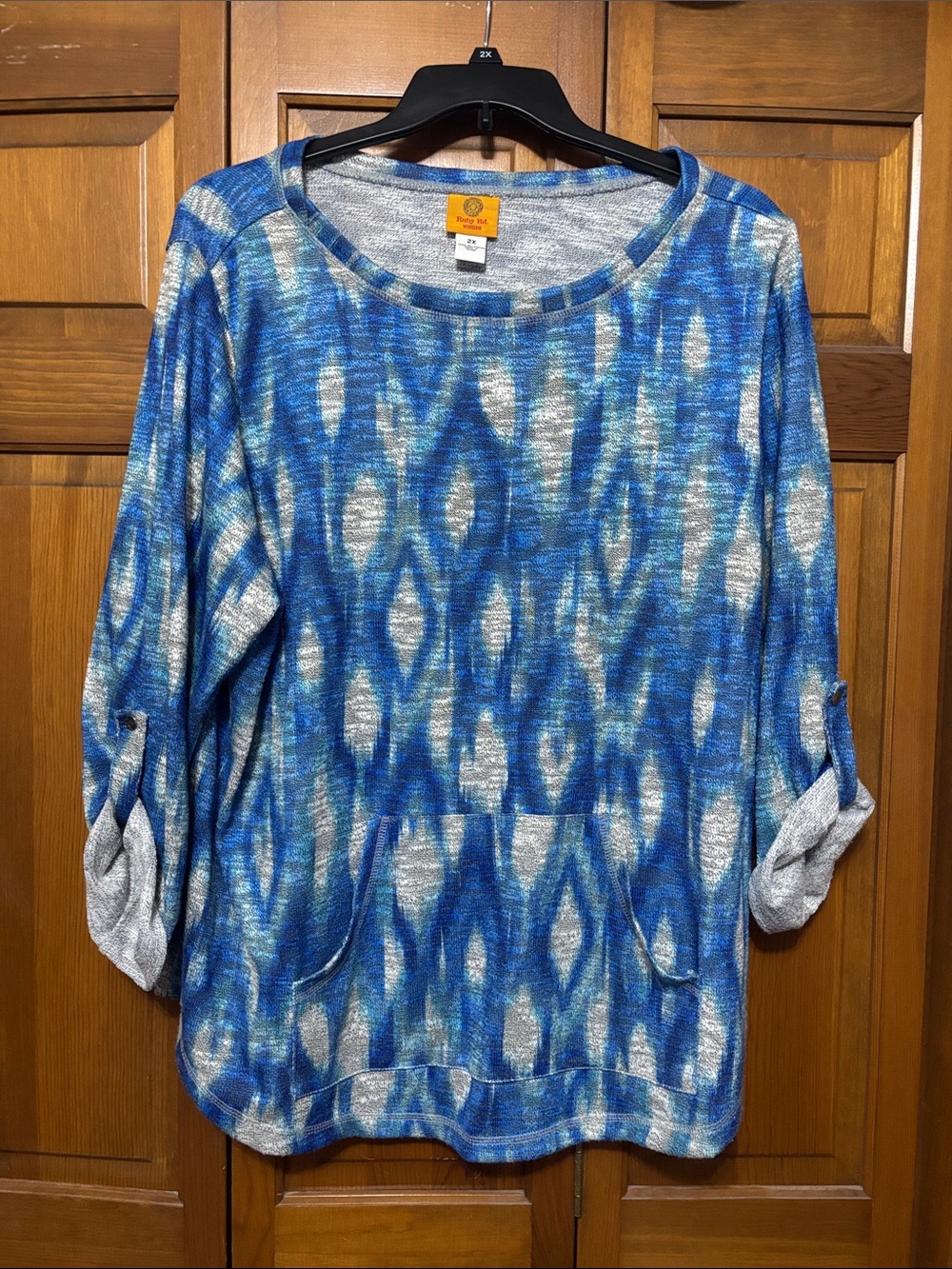 Ruby Rd. Blue and White Ikat-Style Knit Pullover